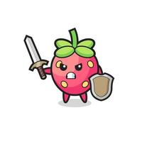 cute strawberry soldier fighting with sword and shield vector