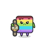 personaje de mascota de pastel de arco iris como un luchador de mma con el cinturón de campeón vector