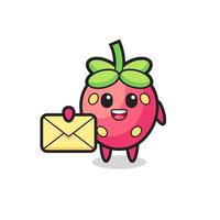 cartoon illustration of strawberry holding a yellow letter vector