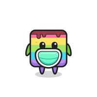 cute rainbow cake cartoon wearing a mask vector