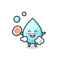 water drop character is bathing while holding soap vector