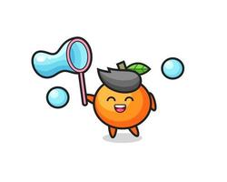 happy mandarin orange cartoon playing soap bubble vector