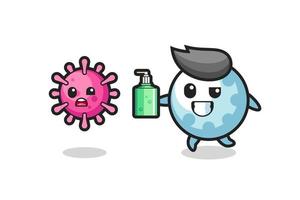 illustration of golf character chasing evil virus with hand sanitizer vector
