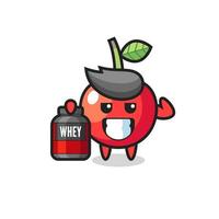 the muscular cherry character is holding a protein supplement vector