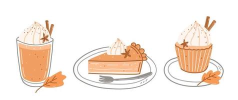 Pumpkin spice latte, piece of pumpkin pie and cupcake vector