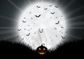 Halloween background with ghost and pumpkin in moonlit landscape