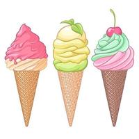 Conos de helado de varios sabores sobre fondo blanco. vector