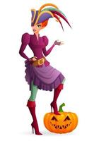 mujer bonita en traje de fiesta de halloween pirata con vector de calabaza