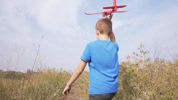 Niño varón juega con avión de juguete en campos de verano video