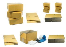 Cardboard boxes with peanut foam with tool for packing photo