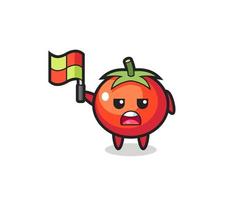 Personaje de tomates como juez de línea levantando la bandera. vector