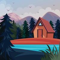 cabaña en el bosque con paisaje de montaña. vector