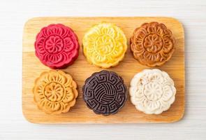 Colourful Chinese moon cake on wood plate photo