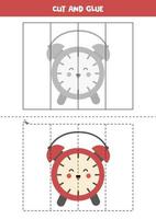 Cut and glue game for kids. Cute red alarm clock. vector