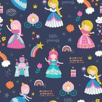 Childish seamless pattern with princess, castle, carriage