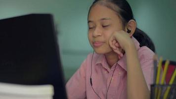 Girl talking on video call streaming via computer webcam 