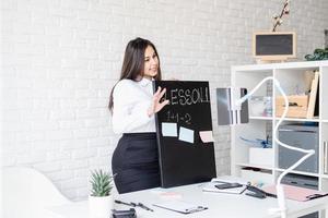 Young latin woman in white shirt teaching english online photo