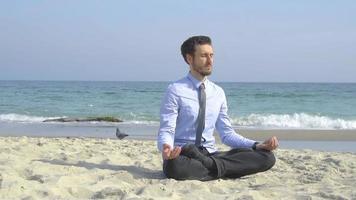 hombre joven, hombre de negocios, relajarse, en la playa video