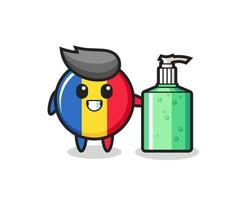 cute romania flag badge cartoon with hand sanitizer vector