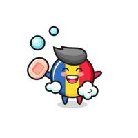 romania flag badge character is bathing while holding soap vector