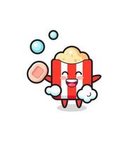 popcorn character is bathing while holding soap vector