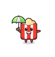 cute popcorn illustration holding an umbrella vector