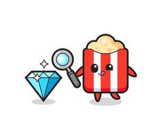 popcorn mascot is checking the authenticity of a diamond vector