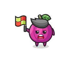 plum fruit character as line judge putting the flag up vector