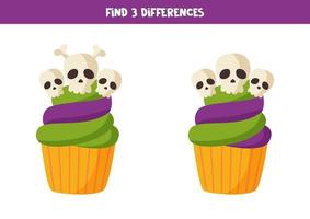 encuentra 3 diferencias entre dos cupcakes de halloween. vector