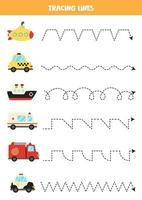 Tracing lines with cute transport. Writing practice. vector