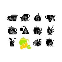 Tea drinking related black glyph icons set on white space vector