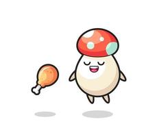 cute mushroom floating and tempted because of fried chicken vector
