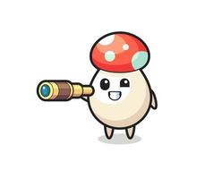 cute mushroom character is holding an old telescope vector