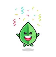 mascota de la hoja feliz saltando de felicitación con confeti de colores vector