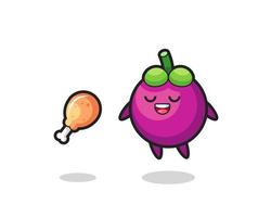 cute mangosteen floating and tempted because of fried chicken vector