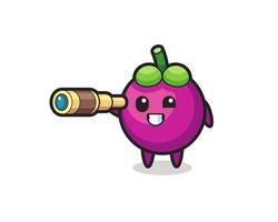 cute mangosteen character is holding an old telescope vector