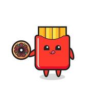illustration of an french fries character eating a doughnut vector