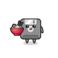 lindo personaje de disquete comiendo fideos vector