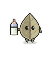 baby dried leaf cartoon character with milk bottle vector