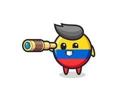 cute colombia flag badge character is holding an old telescope vector