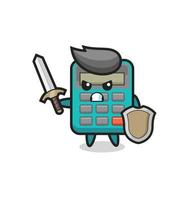 cute calculator soldier fighting with sword and shield vector