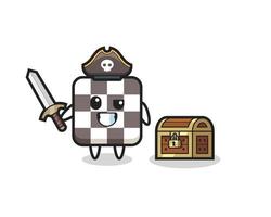El personaje pirata del tablero de ajedrez sosteniendo la espada al lado de un cofre del tesoro vector