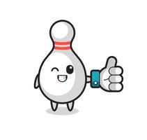 cute bowling pin with social media thumbs up symbol vector