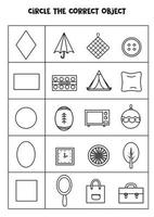 Worksheet for learning geometrical shapes. Matching objects. vector