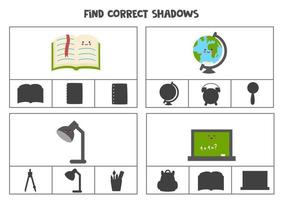 Find correct shadow of cute kawaii school supplies. vector