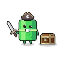 the bamboo pirate character holding sword beside a treasure box vector