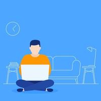 working home, man with laptop in lotus pose, vector