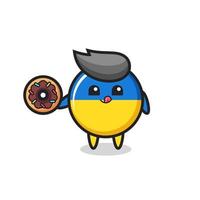 illustration of an ukraine flag badge character eating a doughnut vector