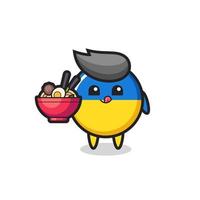 cute ukraine flag badge character eating noodles vector