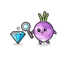 turnip mascot is checking the authenticity of a diamond vector